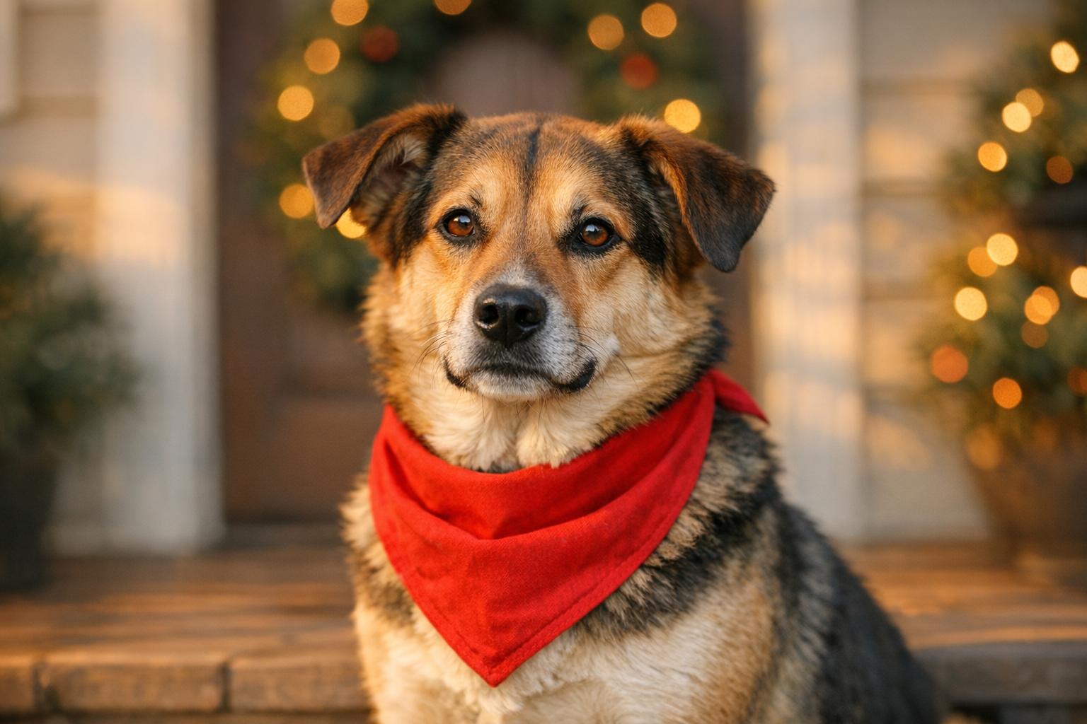 Mixed-breed dog on a front porch wearing a red holiday bandana, golden hour light