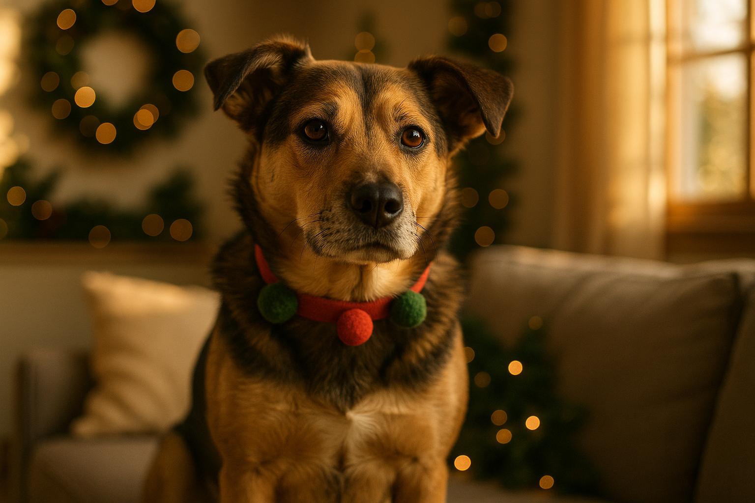 A medium-sized mixed-breed dog in a festive collar sitting on a living room couch bathed in warm sunlight.