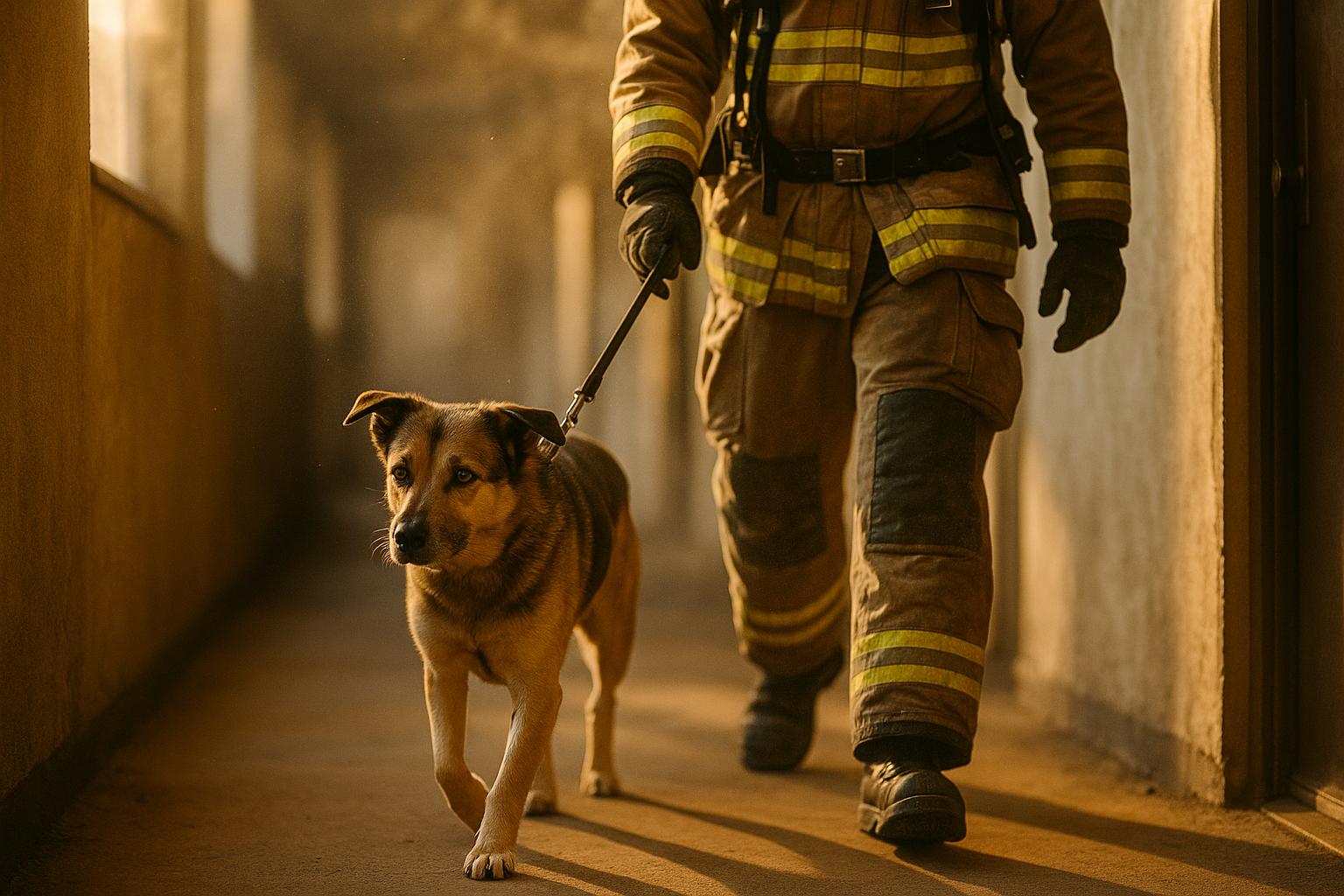 Firefighter leading a rescued dog down a smoke-stained apartment hallway