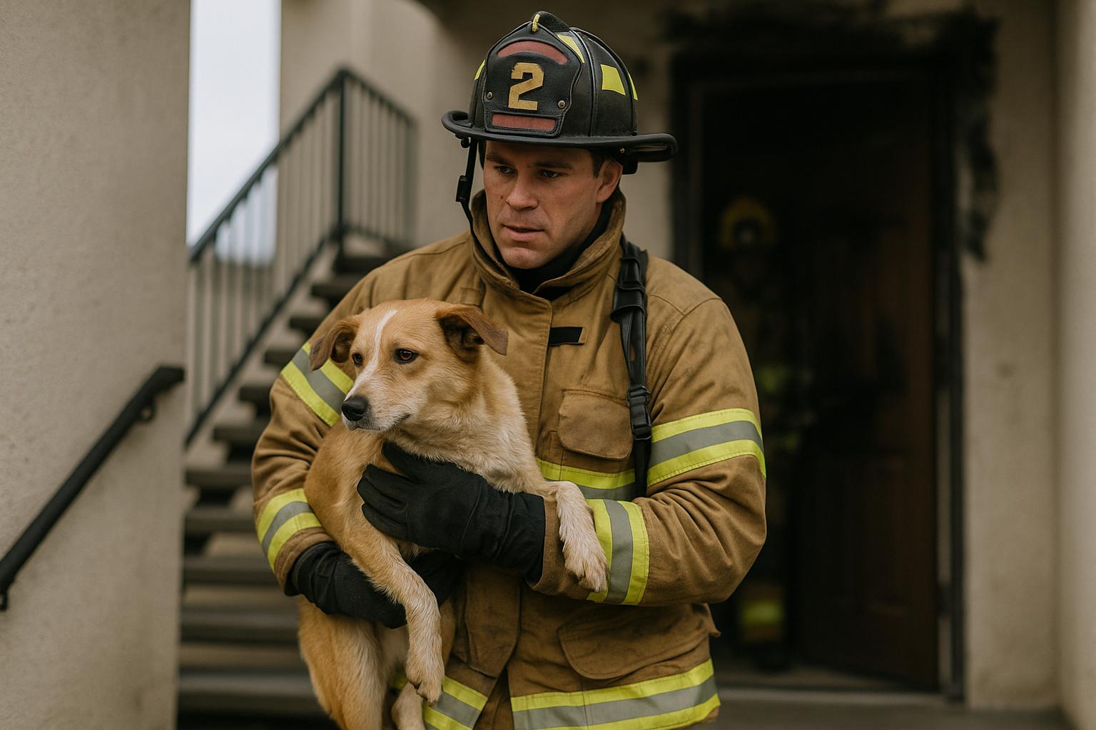 Firefighter carrying a dog down an apartment stairwell with smoke-stained doorway in the background