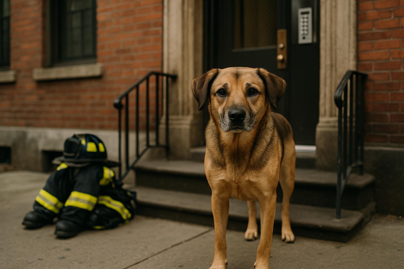 A dog standing on an apartment building stoop after being rescued, with firefighters' gear visible in the background