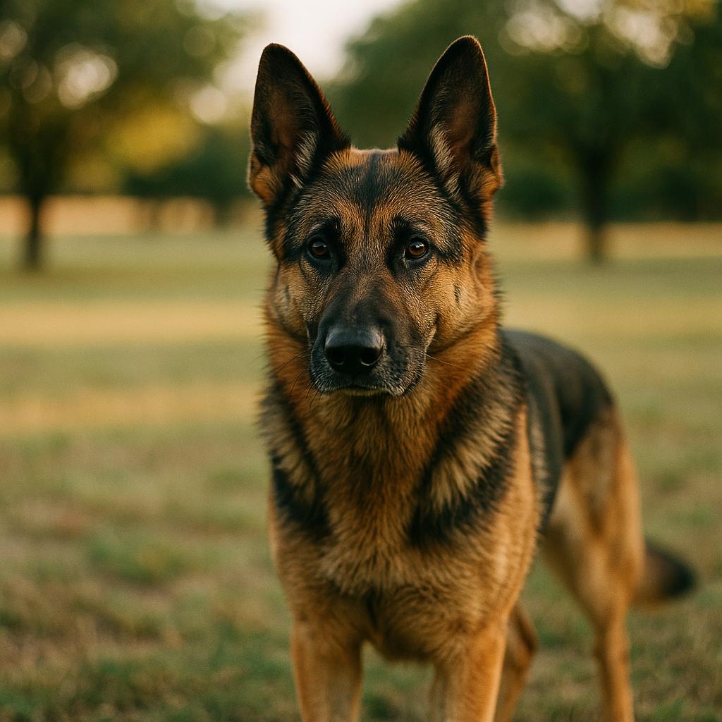 German Shepherd on three-acre training property north of Dallas, standing alert in natural late-afternoon light
