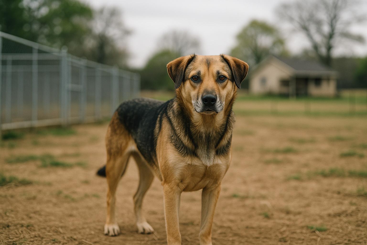 Mixed-breed dog standing in a training yard at a Howell, New Jersey dog training center, with country property in the background.