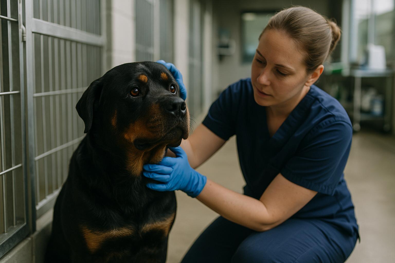 A Rottweiler in a shelter kennel being examined by an animal care technician under soft natural light.