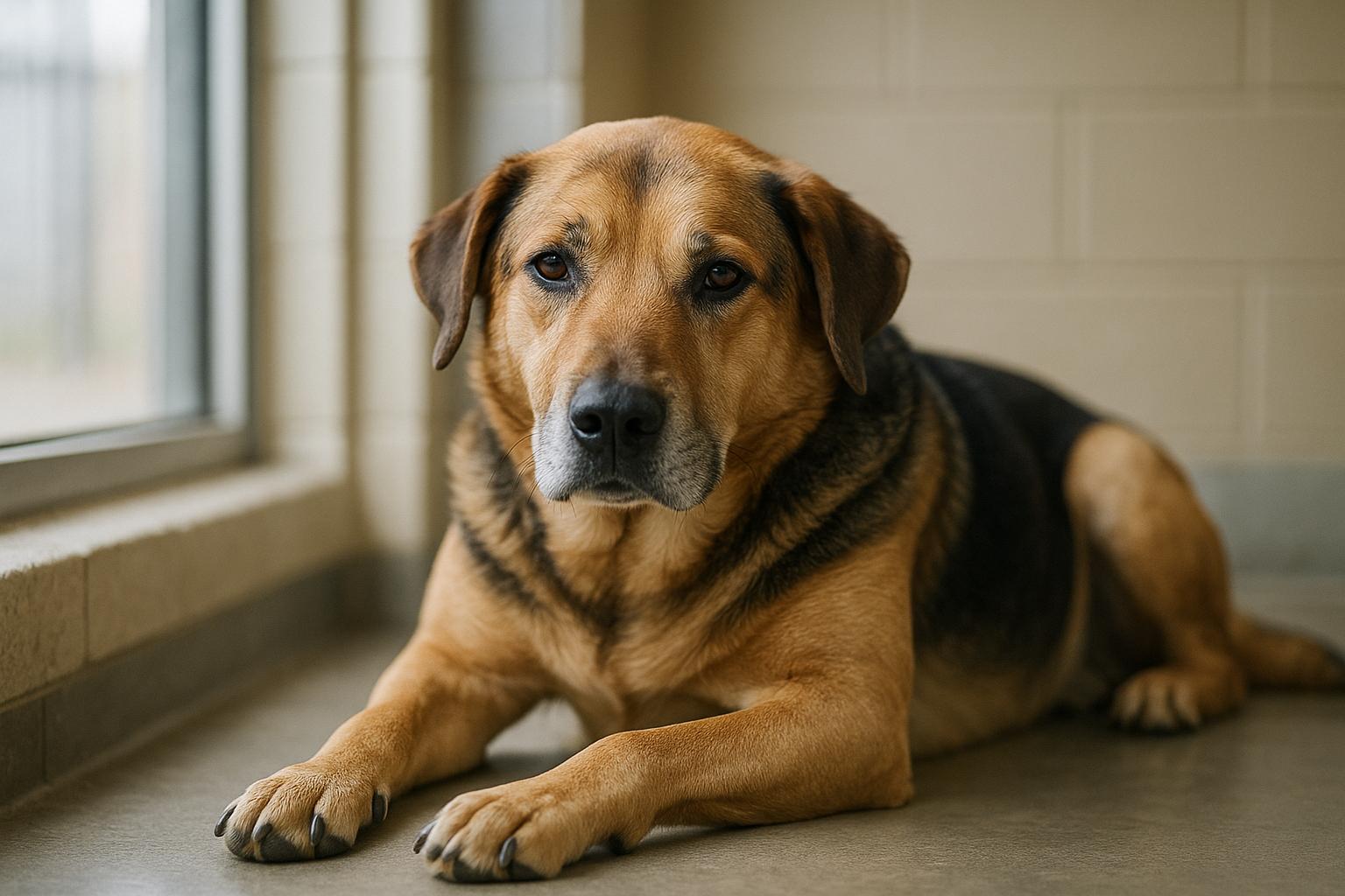 Dash, a 60-pound friendly dog at Maryville Alcoa Animal Rescue Center, sits calmly in a shelter room near a window