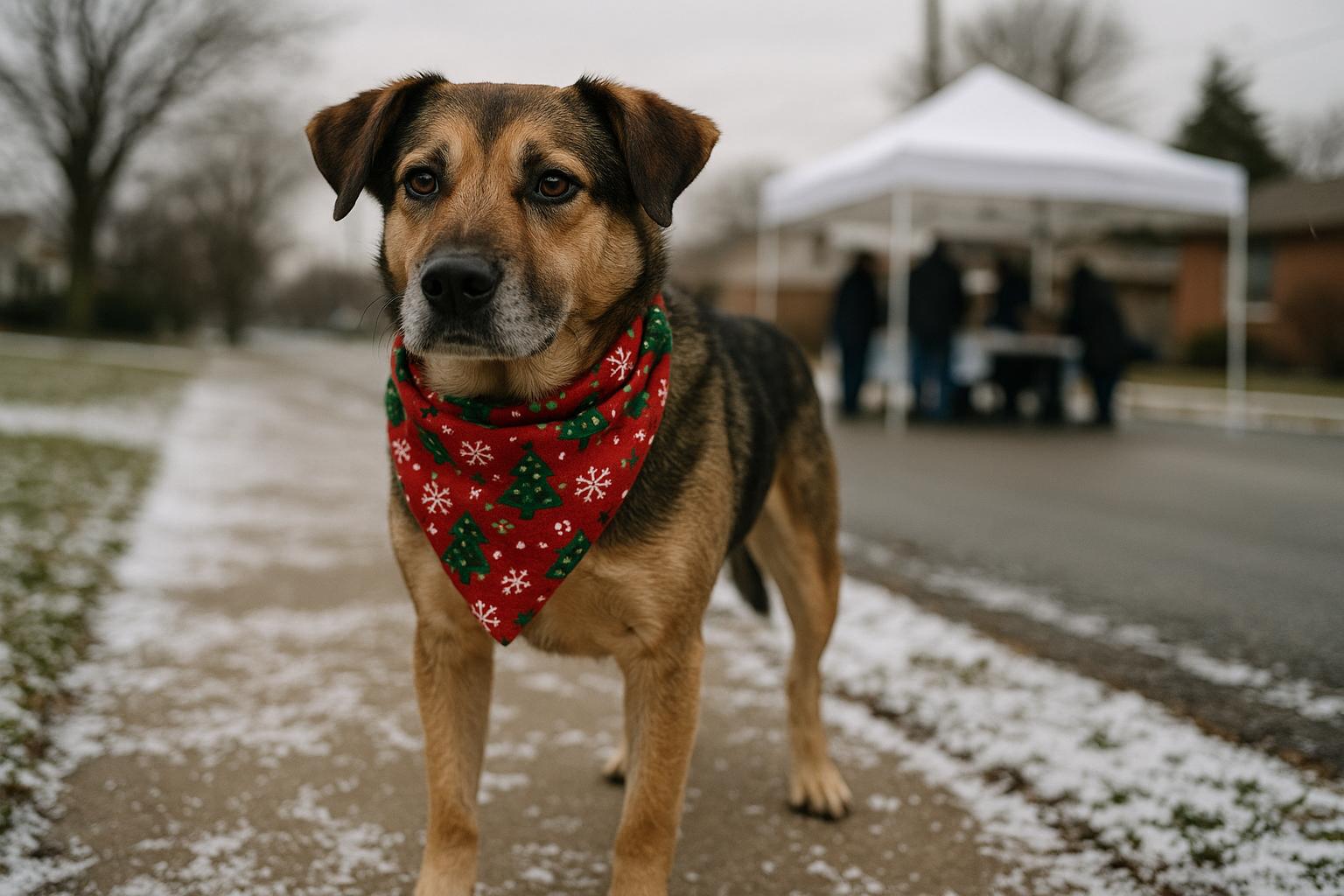 A mixed-breed rescue dog wearing a holiday bandana outside a community event tent in light snow in Meigs County