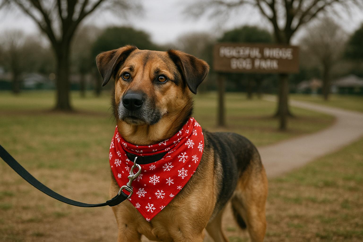 A medium-sized dog wearing a red festive bandana at Peaceful Ridge Dog Park, Davie, Florida, with trees and a walking path in the background.
