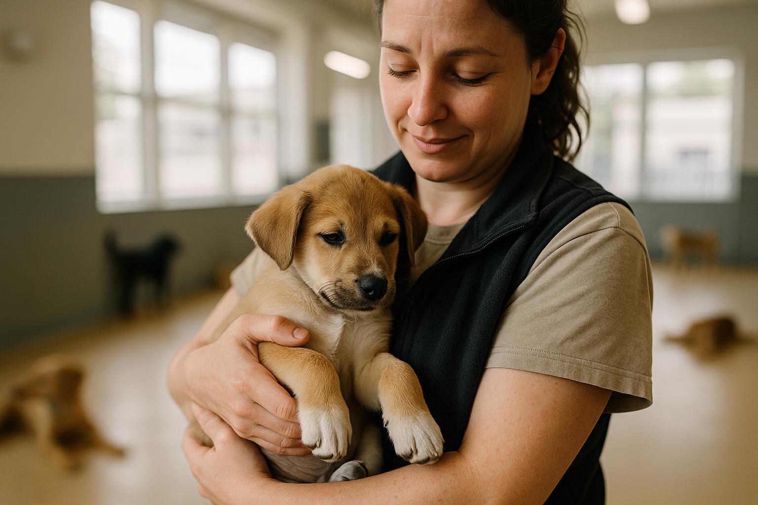 A young puppy being held and comforted by a day‑care carer in an indoor dog day care, soft window light
