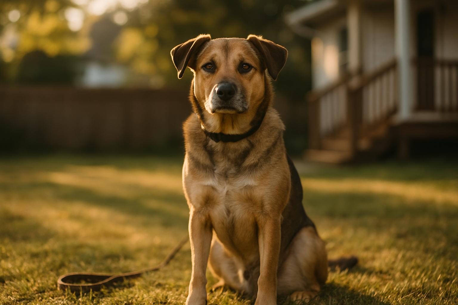 An adult mixed-breed dog sitting alert in a suburban backyard at golden hour