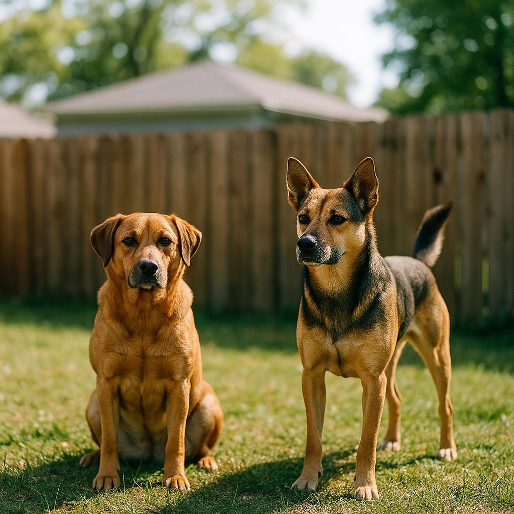 Two medium-sized dogs in a suburban backyard near a wooden fence, photorealistic image.