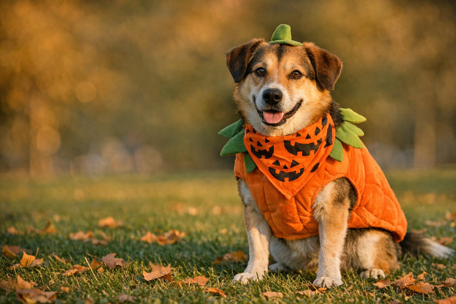 Medium-sized mixed-breed dog in a pumpkin costume sitting on grass with autumn leaves, photographed at golden hour