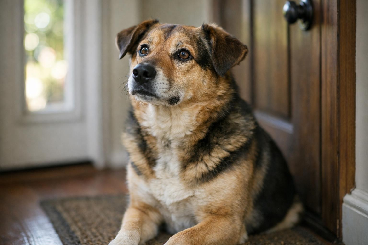 A calm mixed-breed dog sitting attentively at a front door in soft natural light