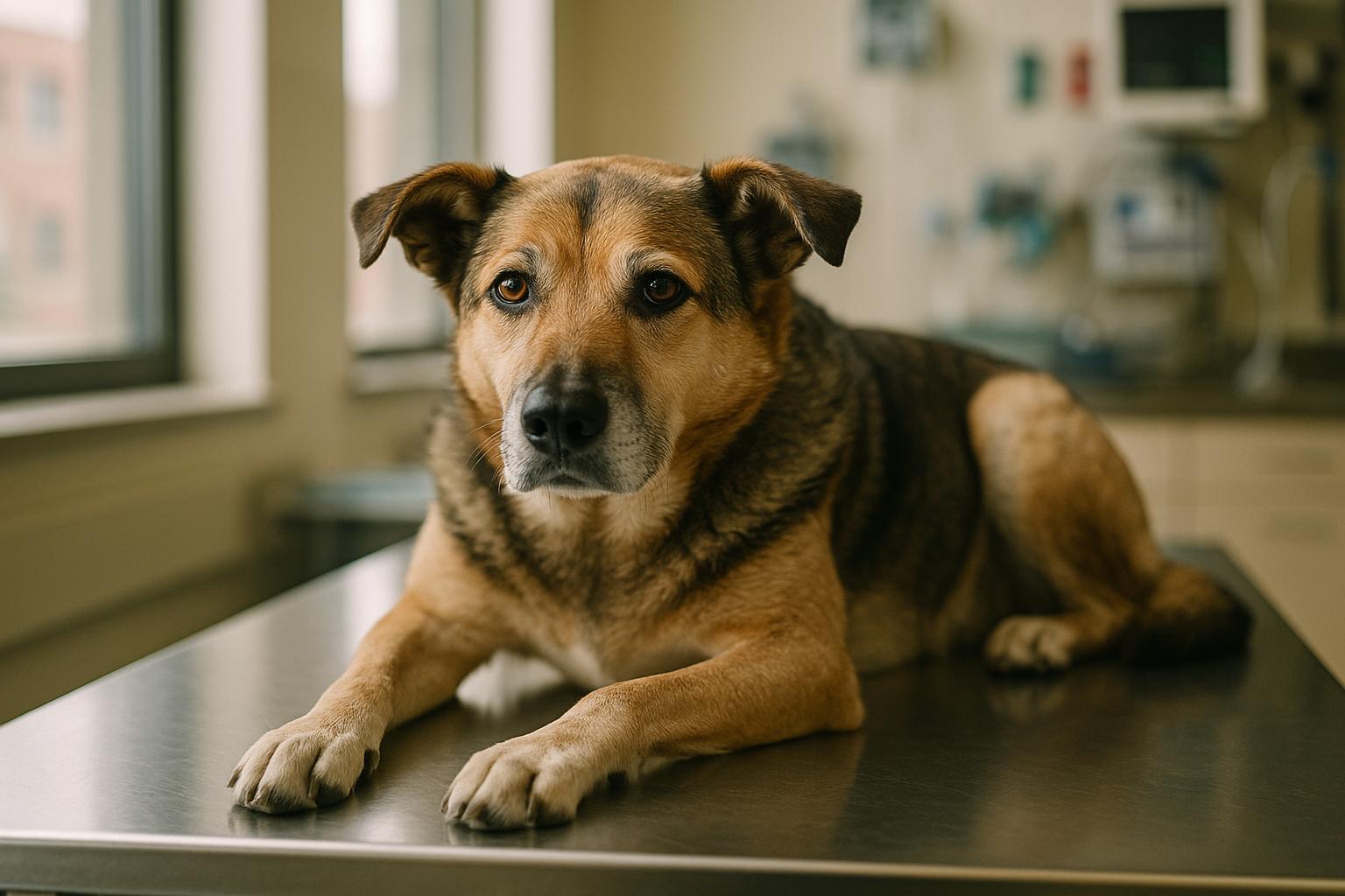 A medium-sized mixed-breed dog resting on an examination table in a veterinary oncology clinic, photographed in soft natural light.