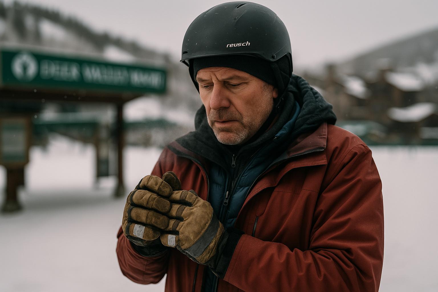 Man at Deer Valley base wearing duct-taped gloves on opening day