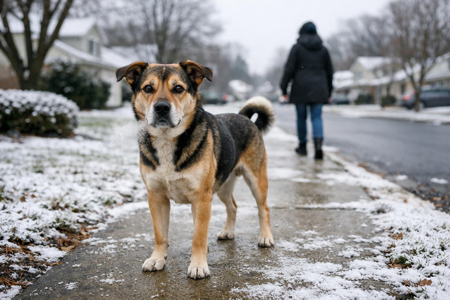 Short-haired mixed-breed dog on a snow-dusted suburban sidewalk in Delaware during overcast winter light