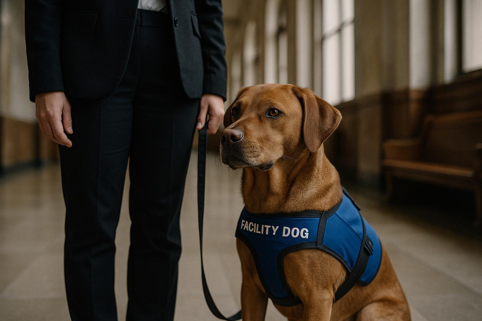 A calm medium-sized facility dog sitting beside its handler in a courthouse corridor.