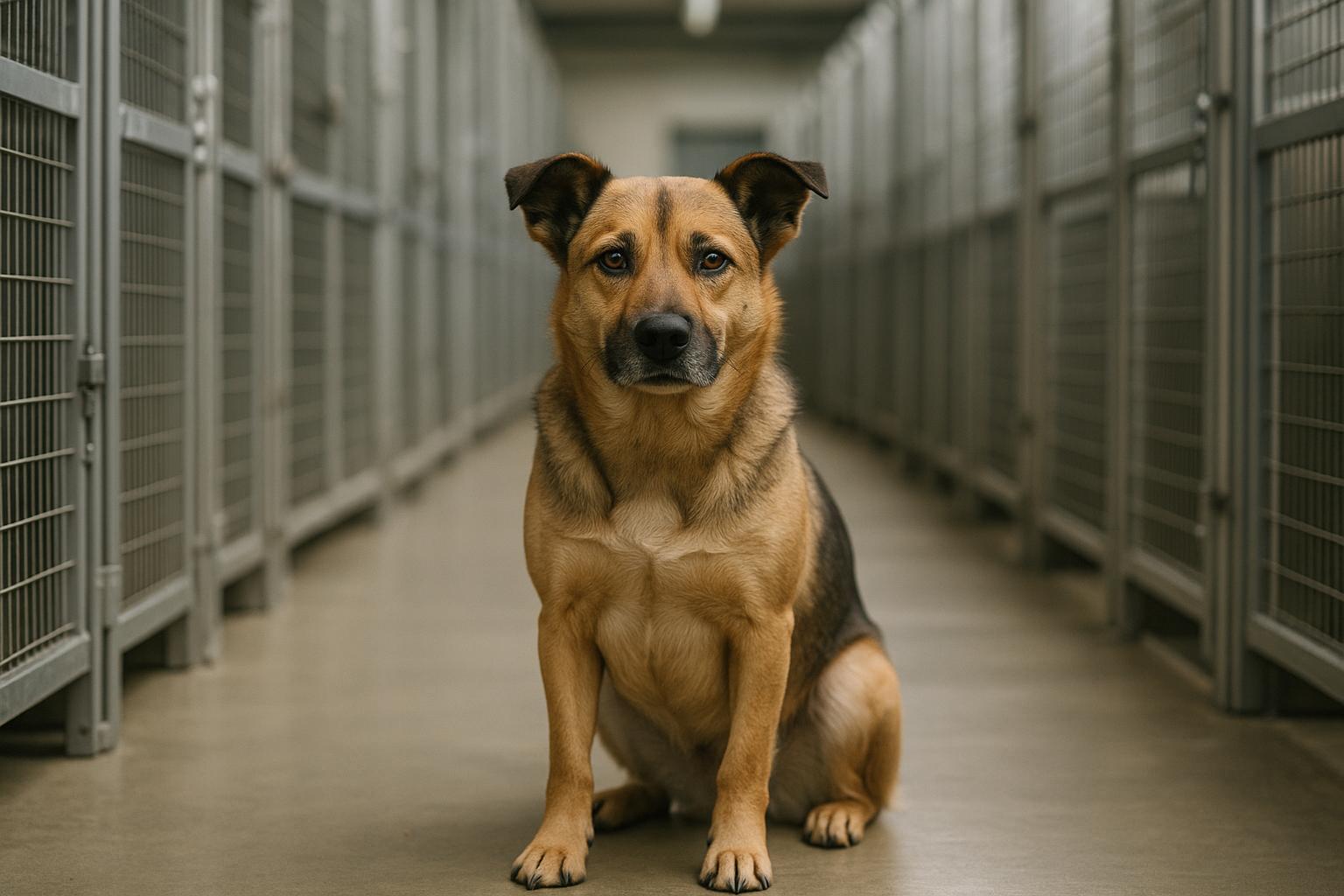 A medium-sized mixed-breed shelter dog sitting calmly in a shelter kennel, photographed in soft overcast light.