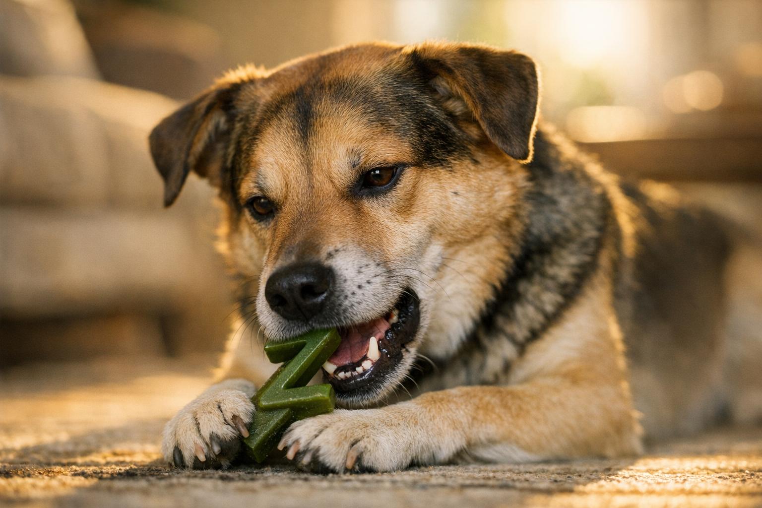 Mixed-breed dog chewing a Z-shaped dental chew on a living room rug