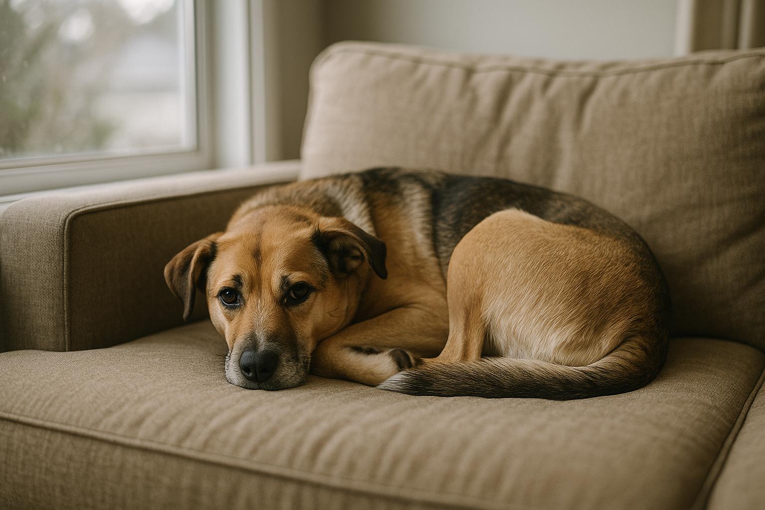 Mid-sized mixed-breed dog curled up on a couch in soft window light, documentary-style portrait.