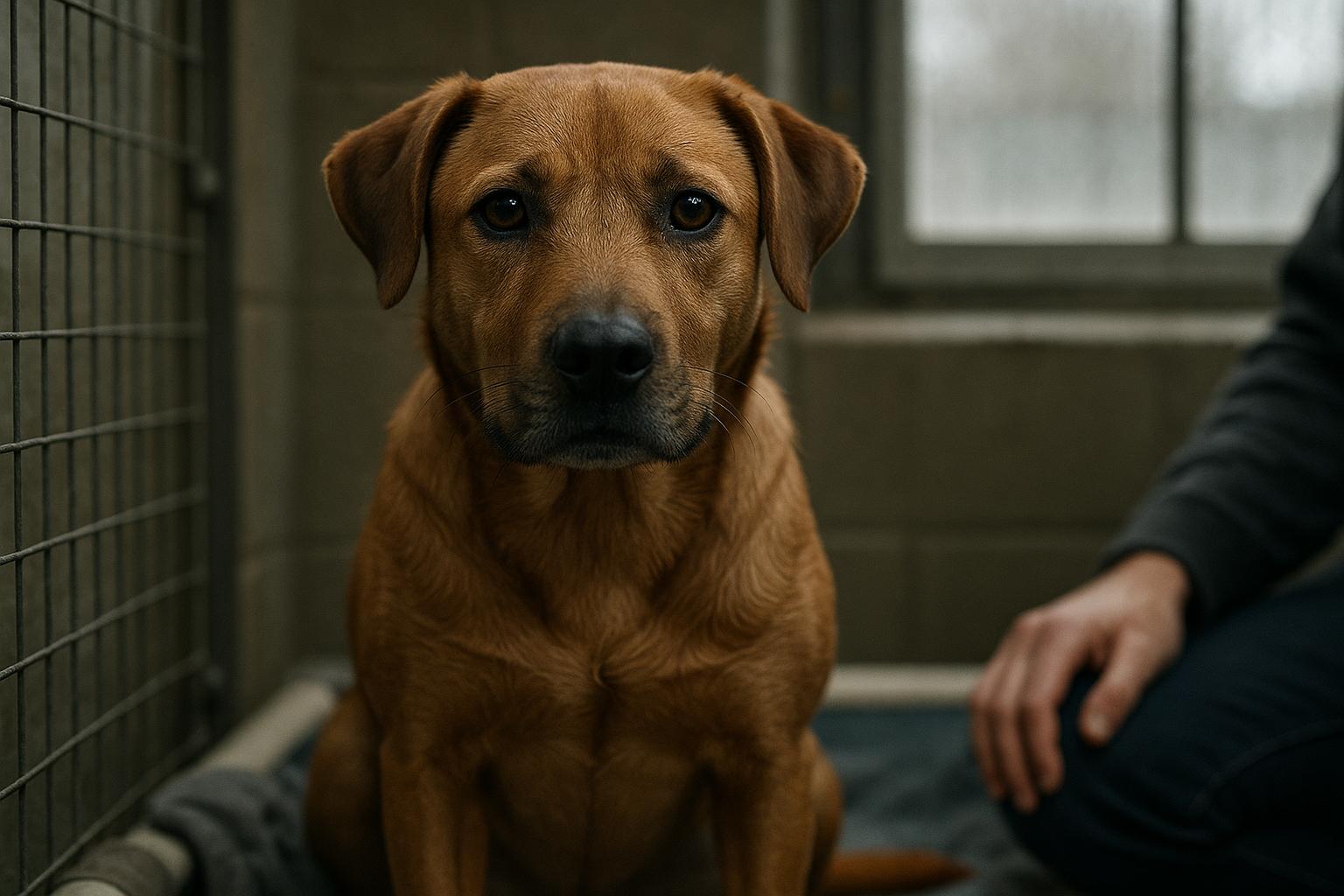 Denver, a 2-year-old terrier lab mix, sitting alert in a shelter kennel at the Muskingum County K-9 Adoption Center