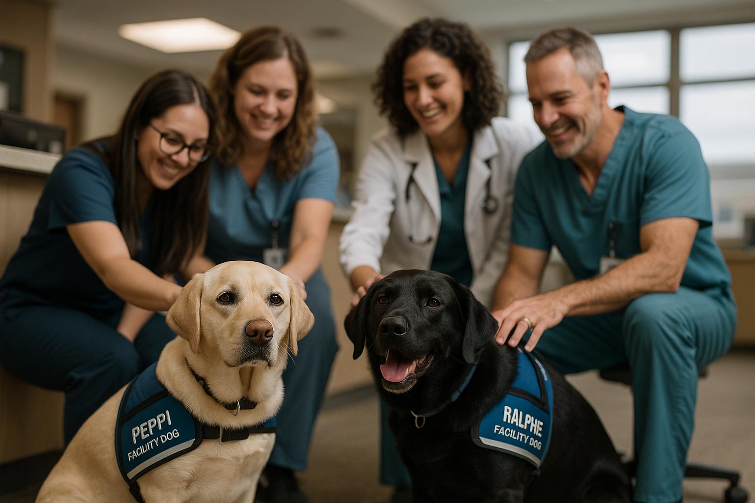 Two facility dogs, a Labrador and a black Lab-retriever mix, at a hospital nursing station with staff petting them