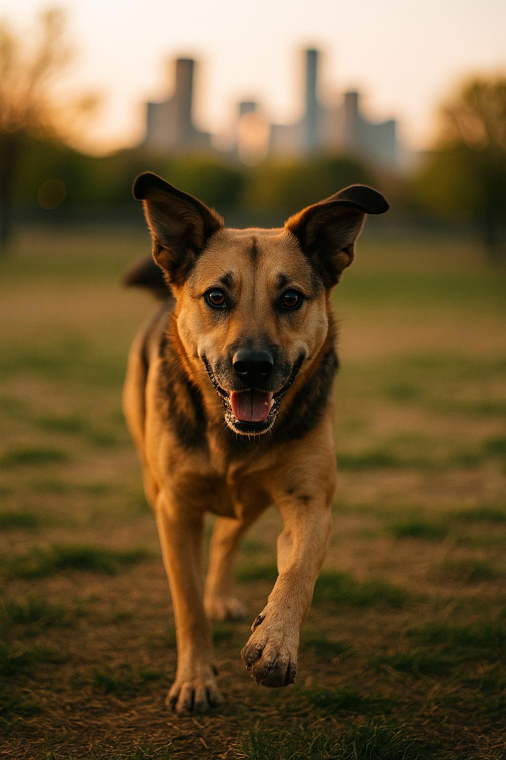 A dog running in a Denver dog park at golden hour with a blurred city skyline in the background