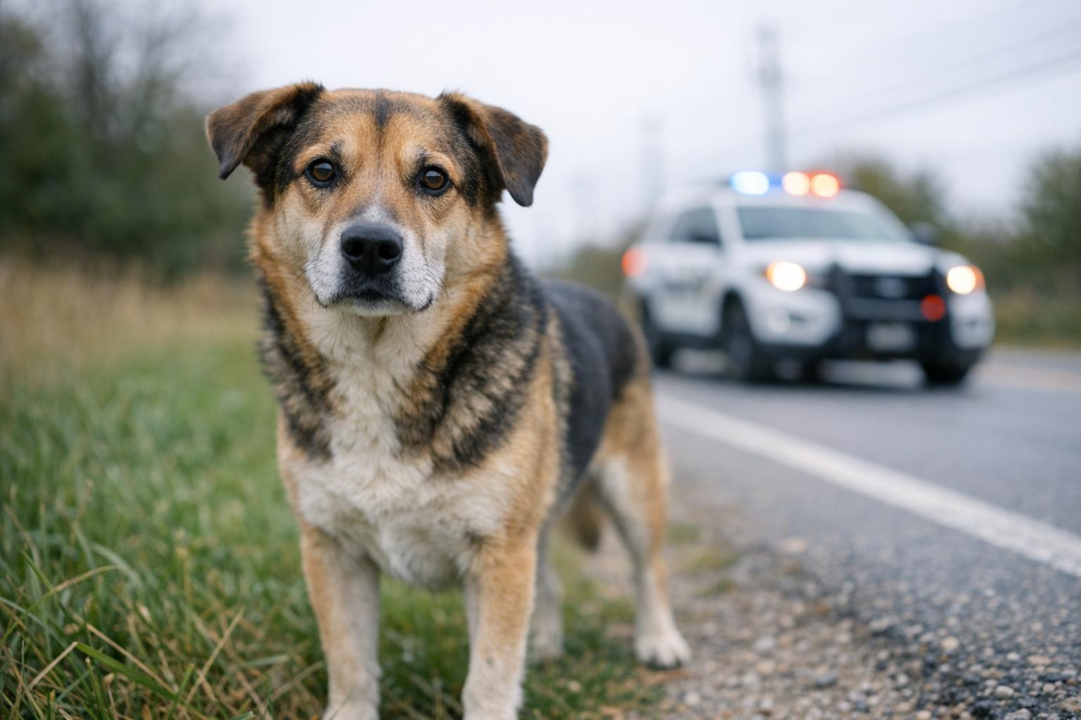 A calm medium-sized mixed-breed dog standing on a suburban roadside shoulder with a blurred patrol vehicle in the background.