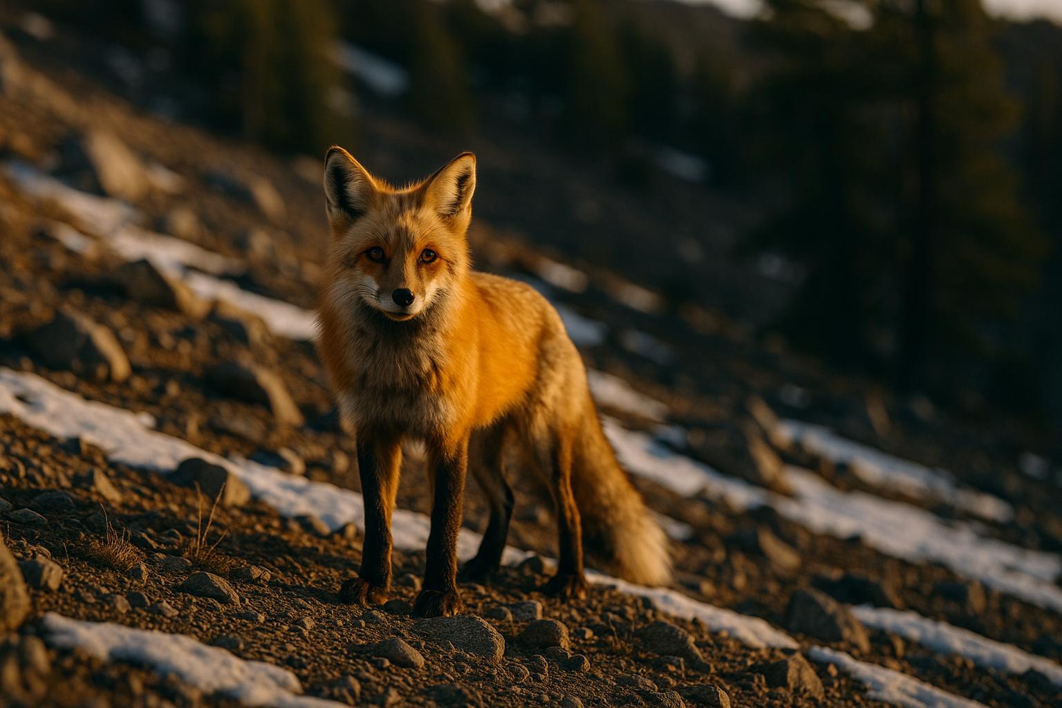 Sierra Nevada red fox standing on a rocky slope in Lassen region, golden hour light, detailed fur texture