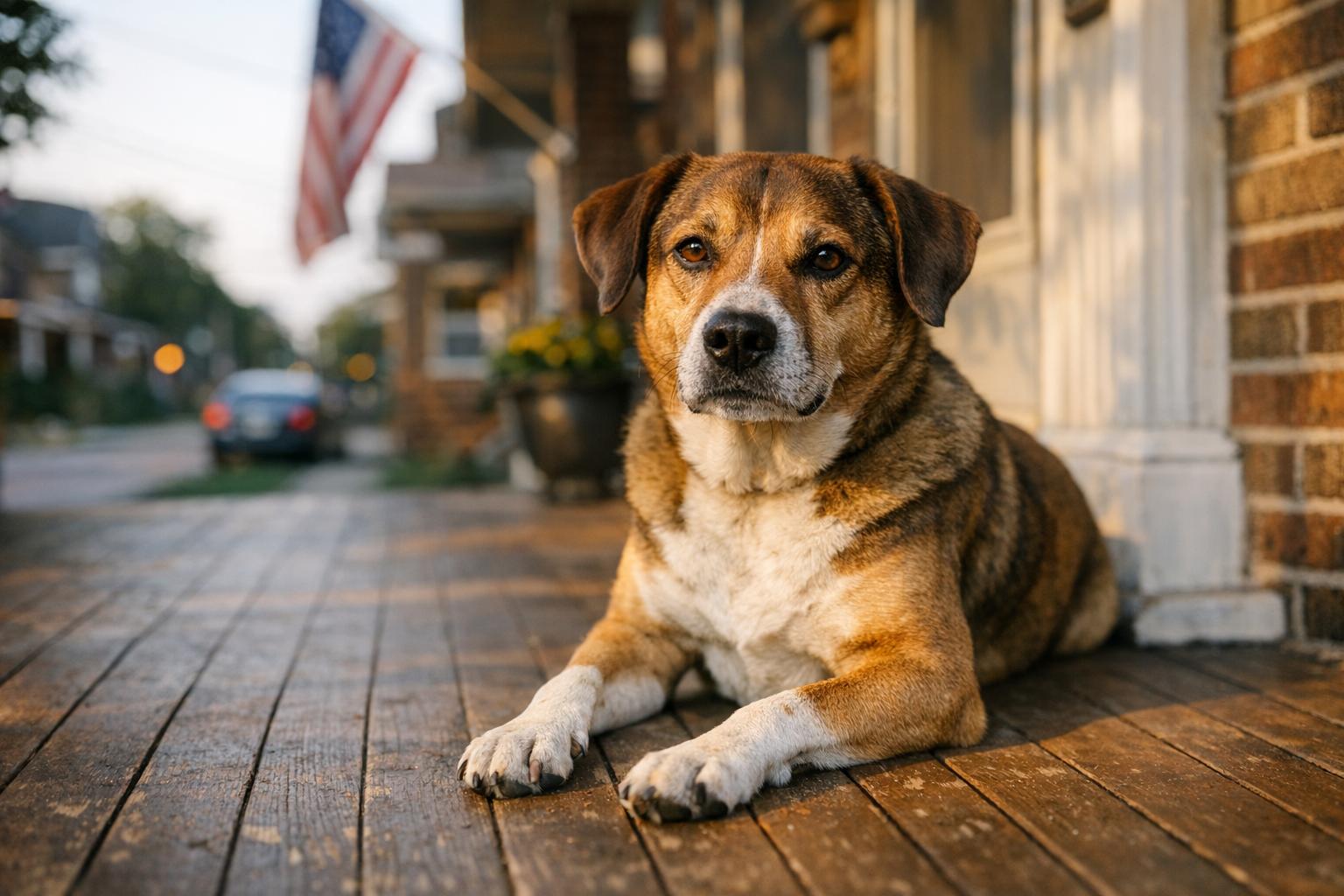 Medium-sized mixed-breed dog sitting on a Detroit porch during golden hour, appearing calm and healthy