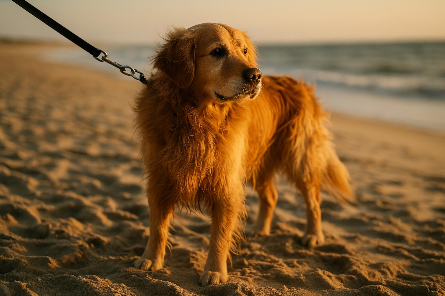 Golden retriever standing on Dewey Beach at golden hour, fur ruffled by the breeze