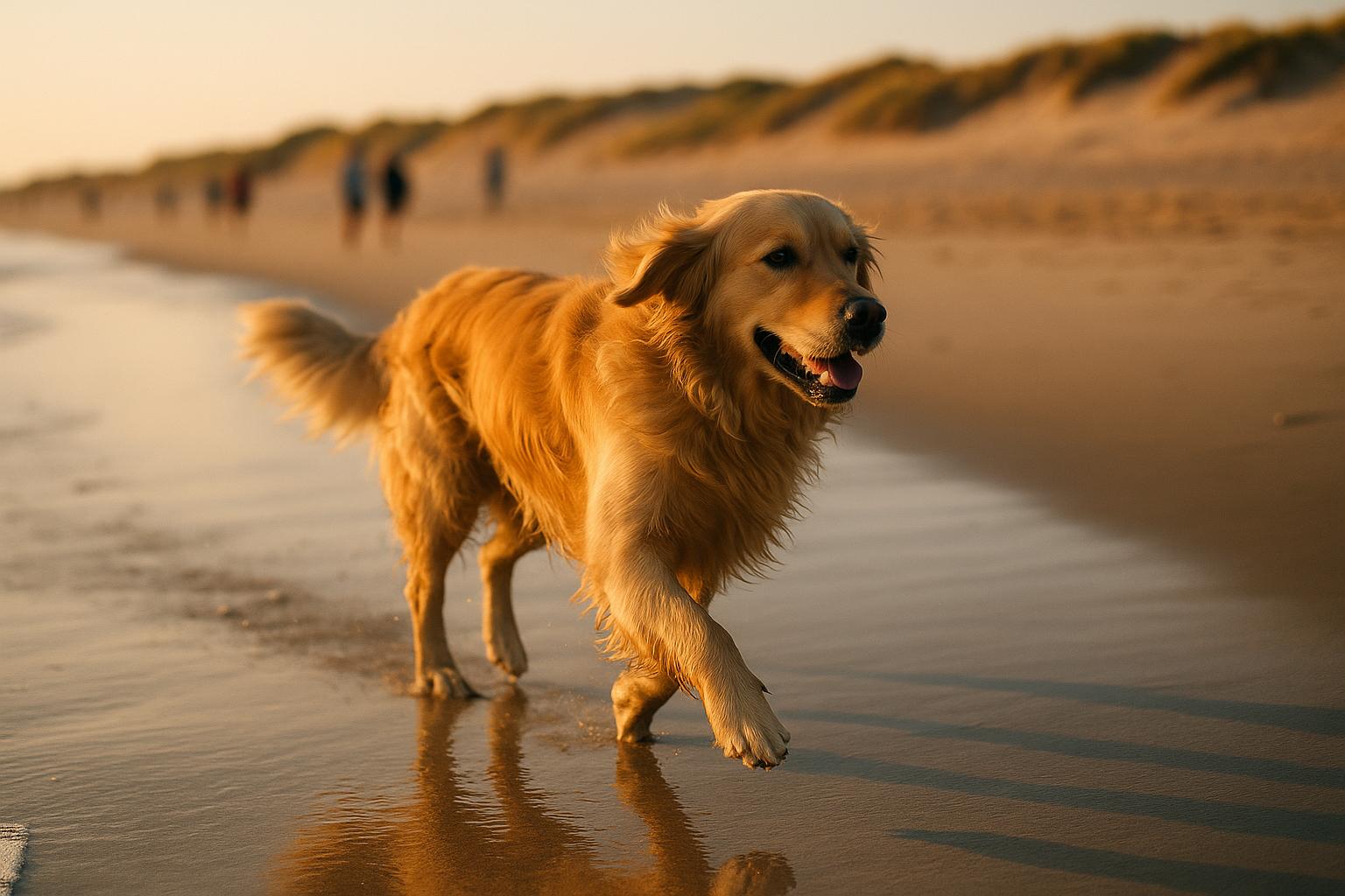 A Golden Retriever running along Dewey Beach at golden hour, wet sand and blurred people in the background.