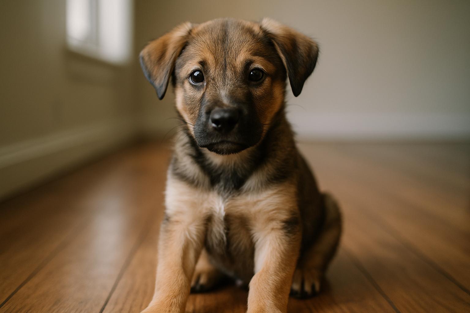 A healthy young mixed-breed puppy sitting indoors in soft window light