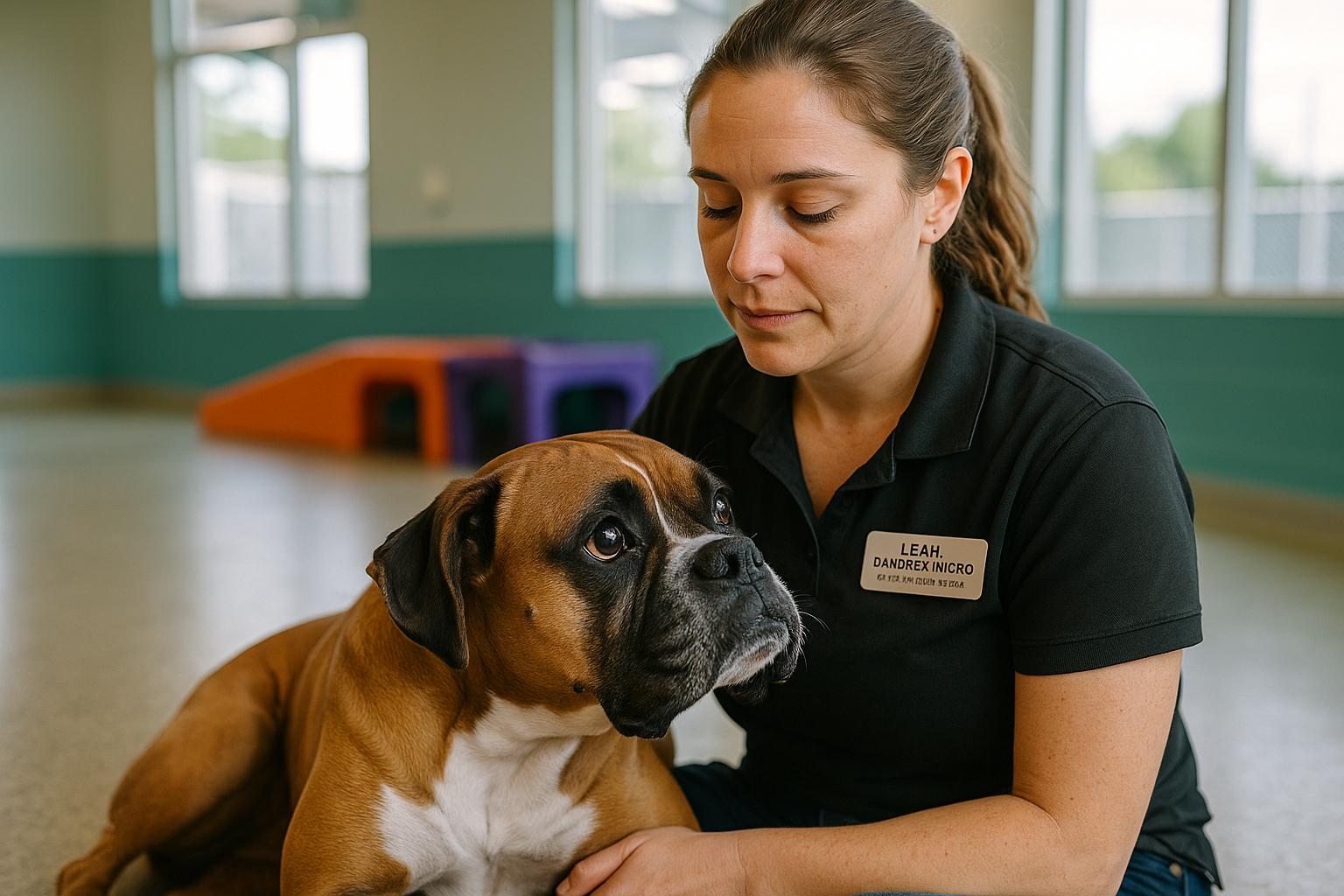 Assistant general manager Leah D'Andrea-Nigro crouches as a boxer named Roxy huddles at her feet inside the Digs Dog Care playroom in Columbia.