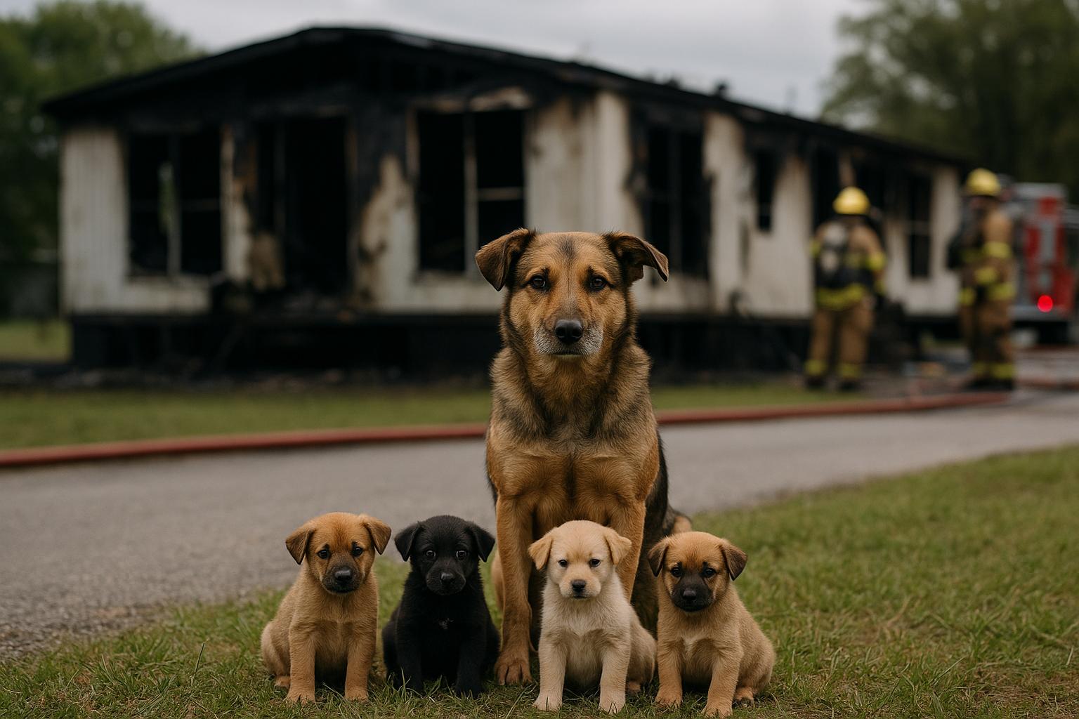 Adult dog and four puppies on grass outside a charred double-wide mobile home after a fire, firefighters and emergency equipment visible in the background.