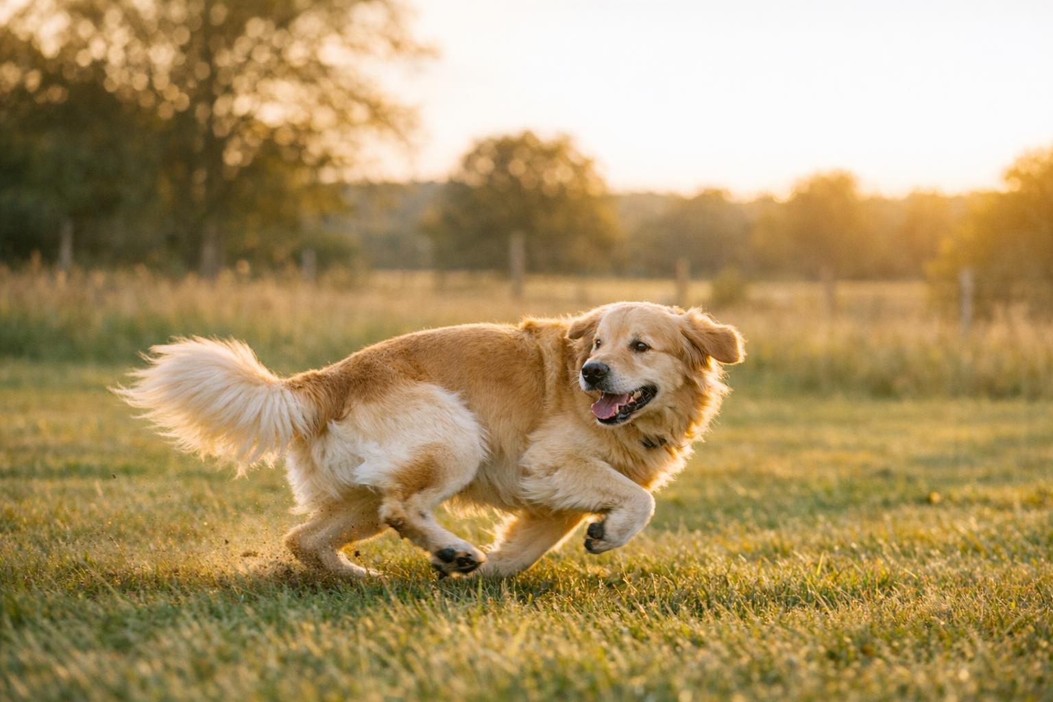 Golden Retriever bounding across a field toward its owner at golden hour