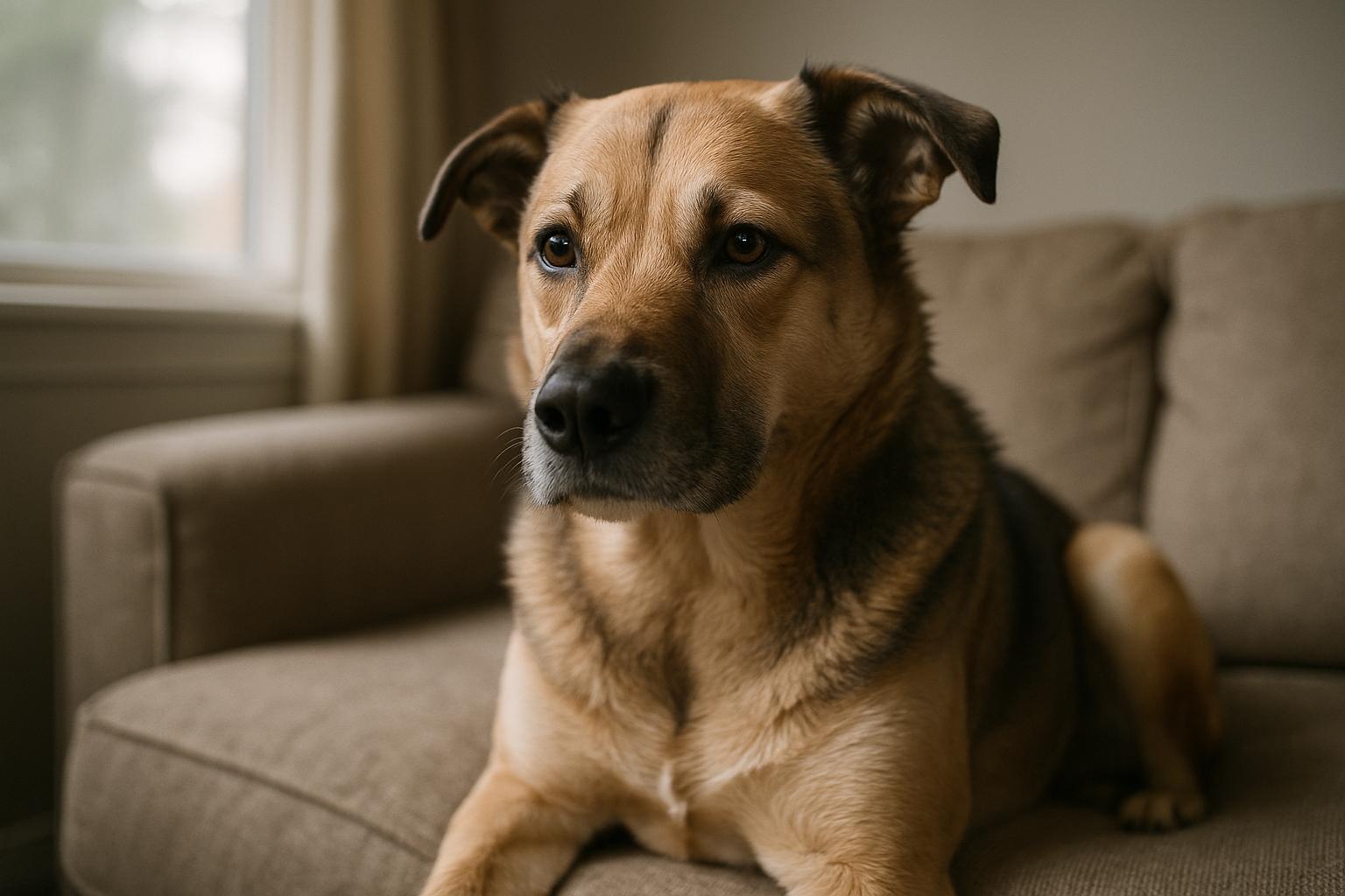 Medium-sized mixed-breed dog sitting calmly on a sofa, photographed in soft indoor light
