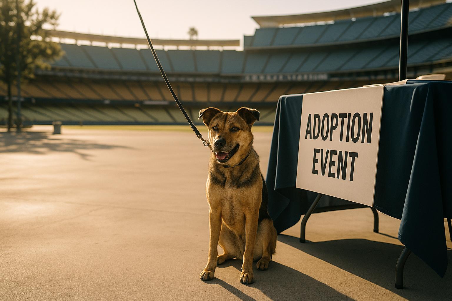 A healthy mixed‑breed dog on a leash at Dodger Stadium's Centerfield Plaza during an adoption event, with stadium seating blurred in the background.