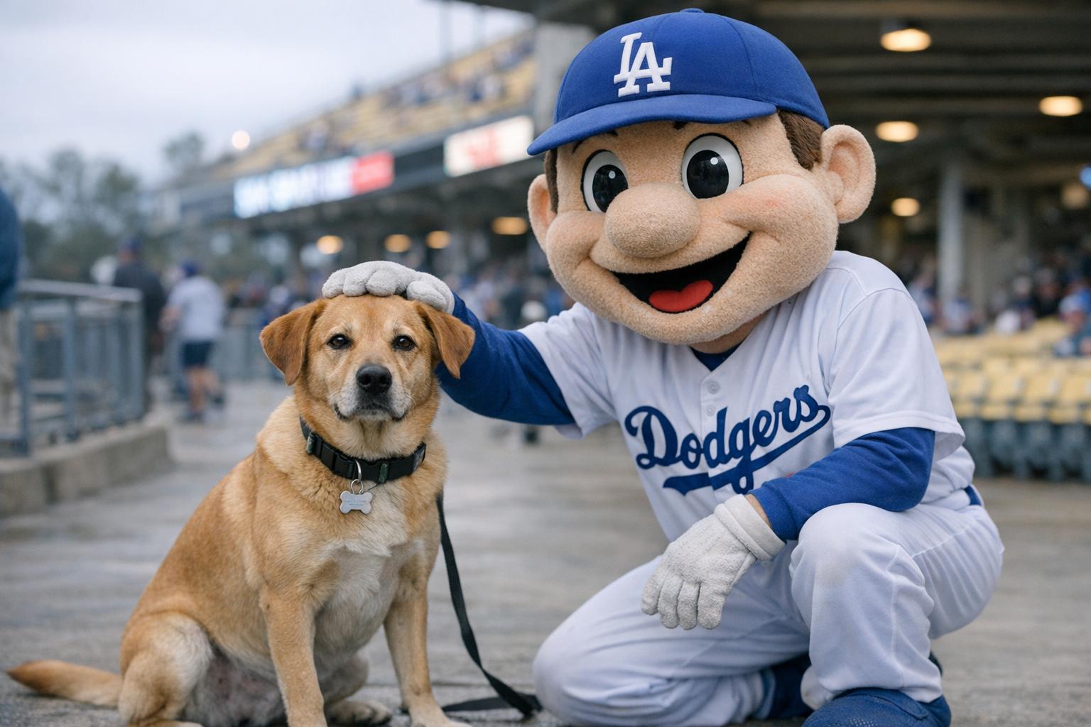 Waldomar, a four-year-old Labrador mix, sitting beside the Dodgers mascot who kneels and pets him at an adoption event