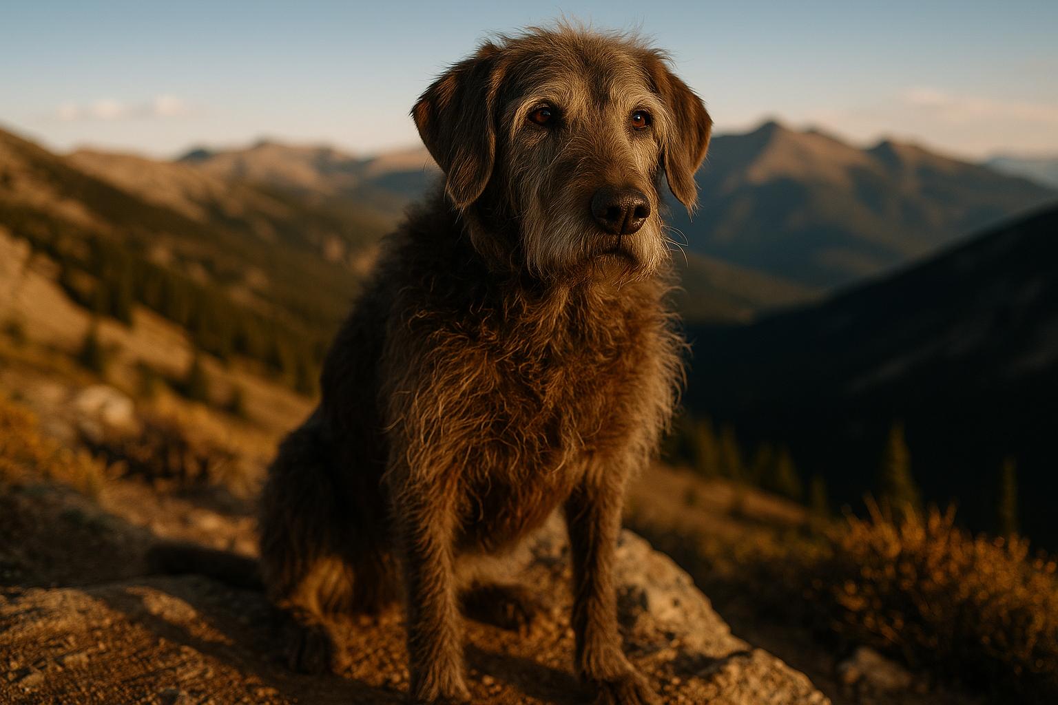Halo, a 13-year-old wire-haired Labradoodle, sitting on a rocky outcrop in the Colorado mountains at golden hour.