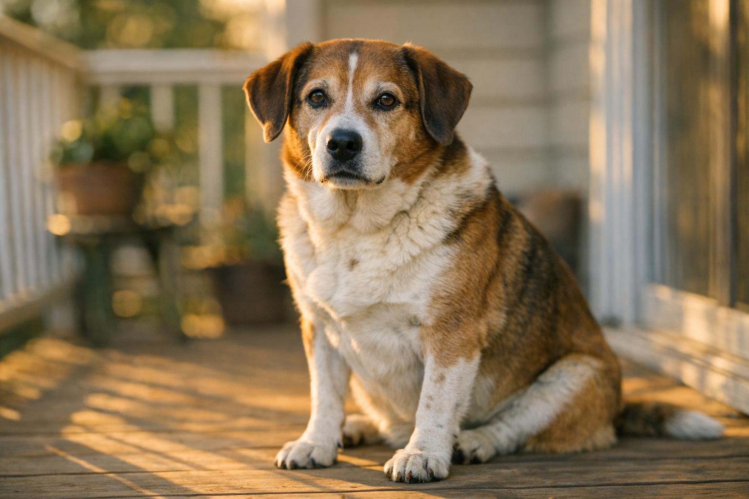 A calm brown-and-white mixed-breed dog sitting on a porch in golden hour light