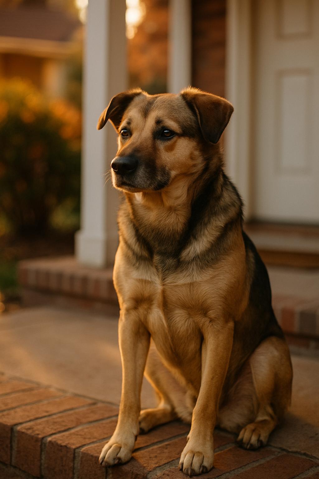 A calm mixed-breed dog sitting on a porch at golden hour, showing relaxed posture and soft fur detail.