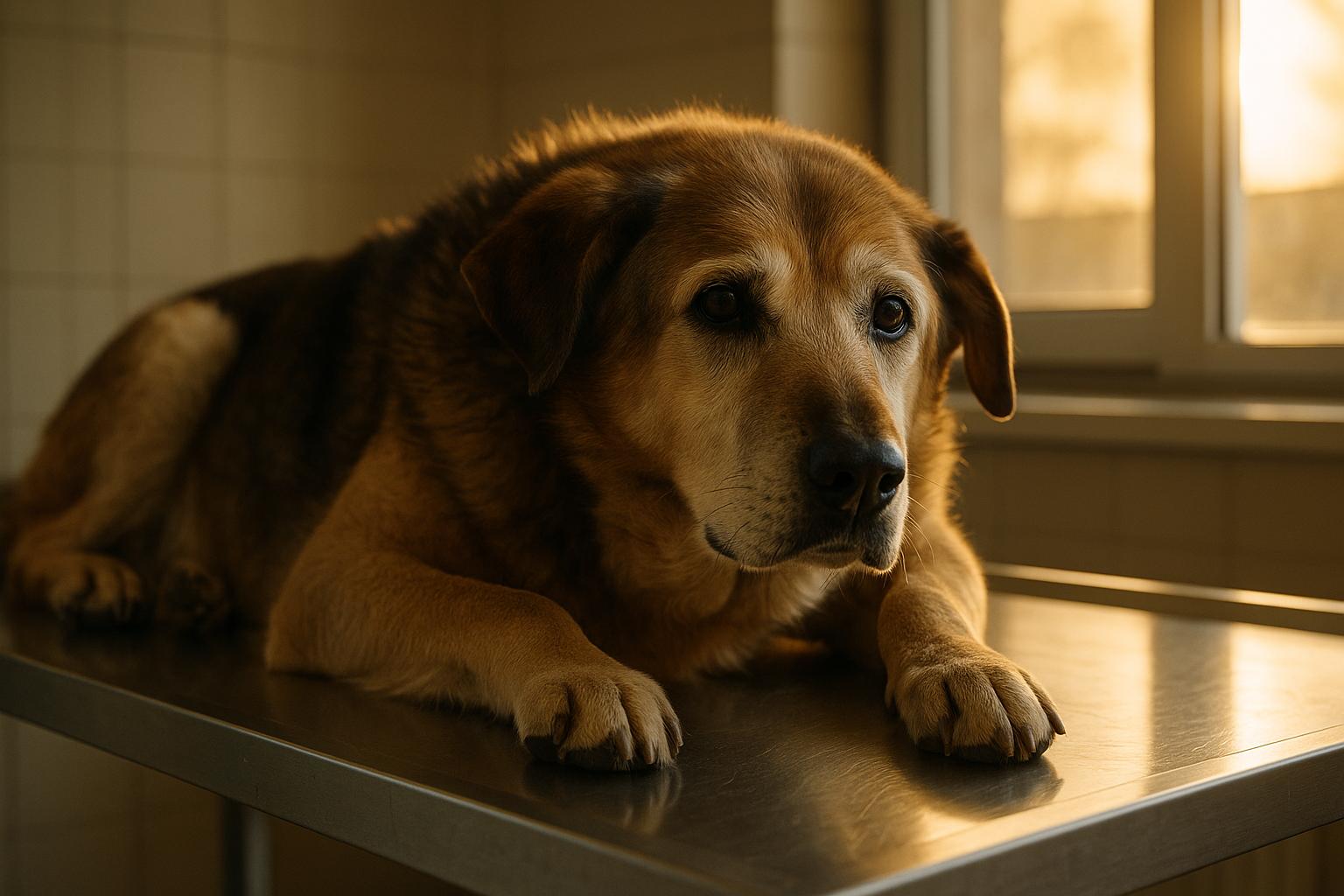 Senior companion dog resting on a veterinary clinic examination table in natural window light