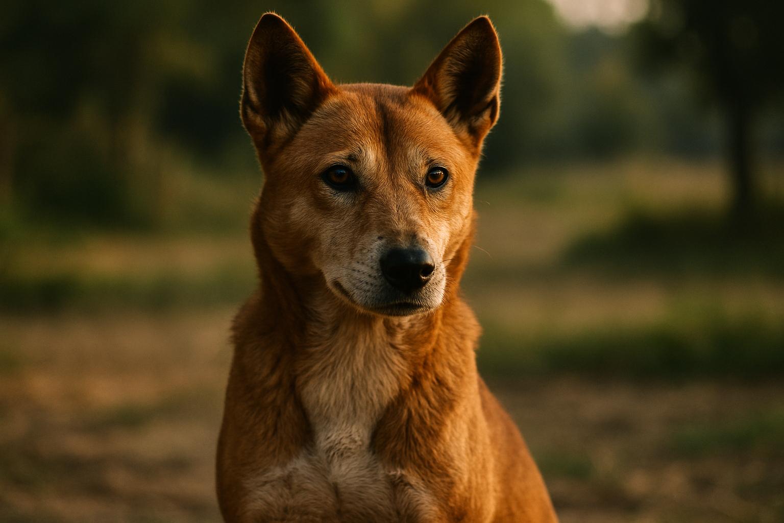 A New Guinea Singing Dog sitting alert in a rural clearing, shown in warm golden-hour light