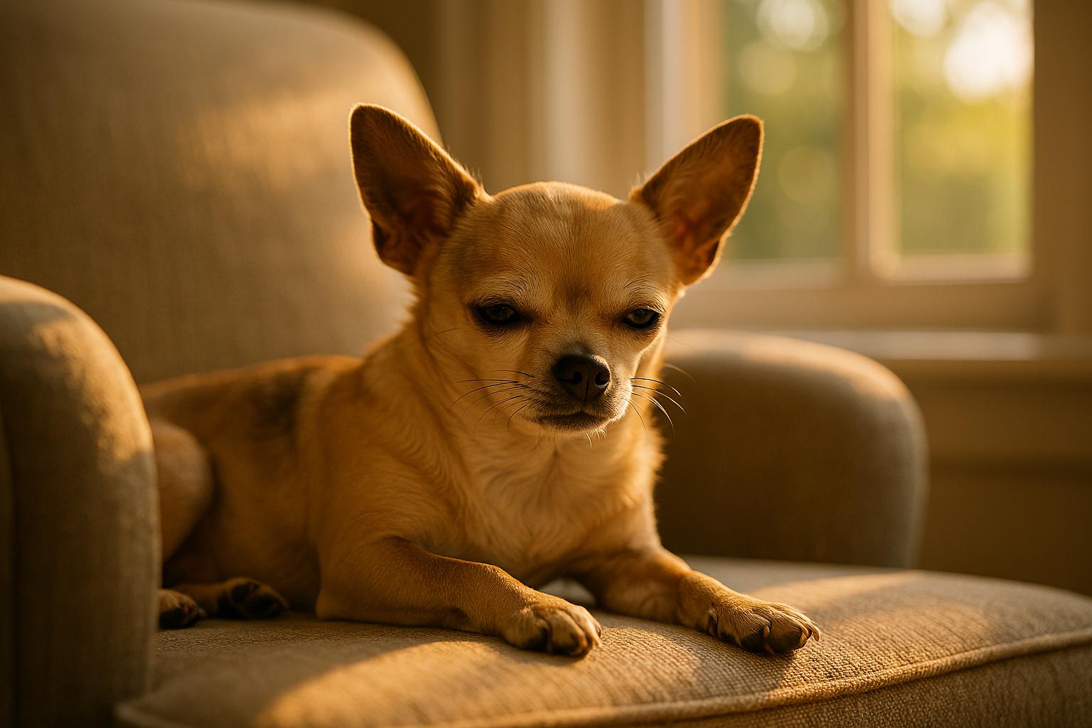 A Chihuahua curled on a sunlit armchair, relaxed and alert, close-up showing detailed fur texture