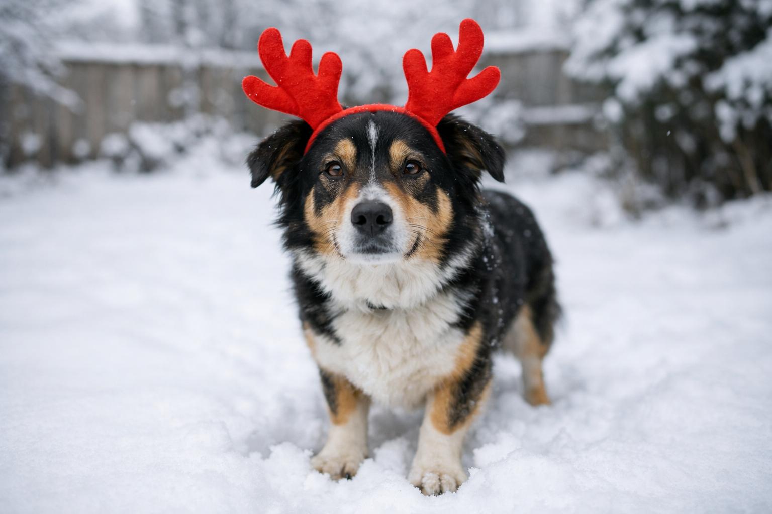 A dog standing in snow wearing bright red Christmas antlers, paws in the snow and a calm, curious expression.