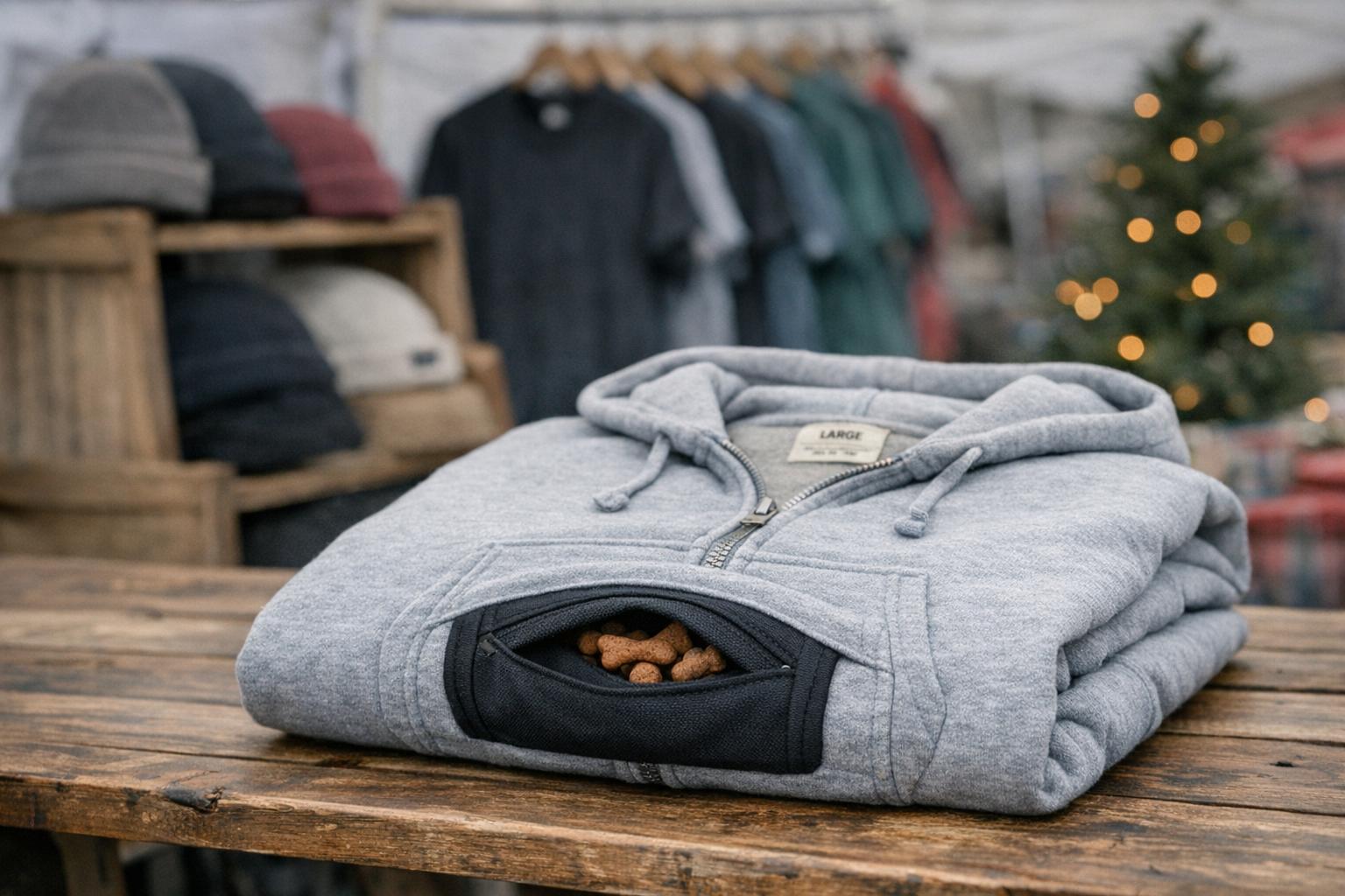 A Dog Dads Supply Co. hoodie with a built-in treat pouch displayed at an outdoor market booth in Santa Fe