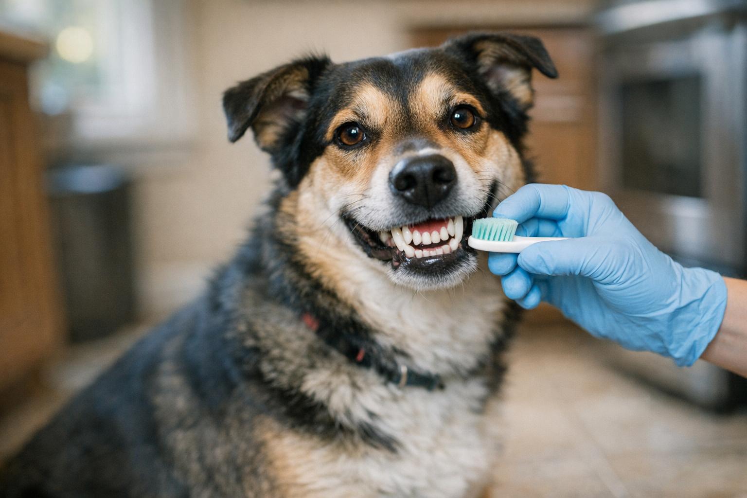Mixed-breed dog being gently brushed on the teeth by a gloved hand in a kitchen, showing a calm, neutral expression