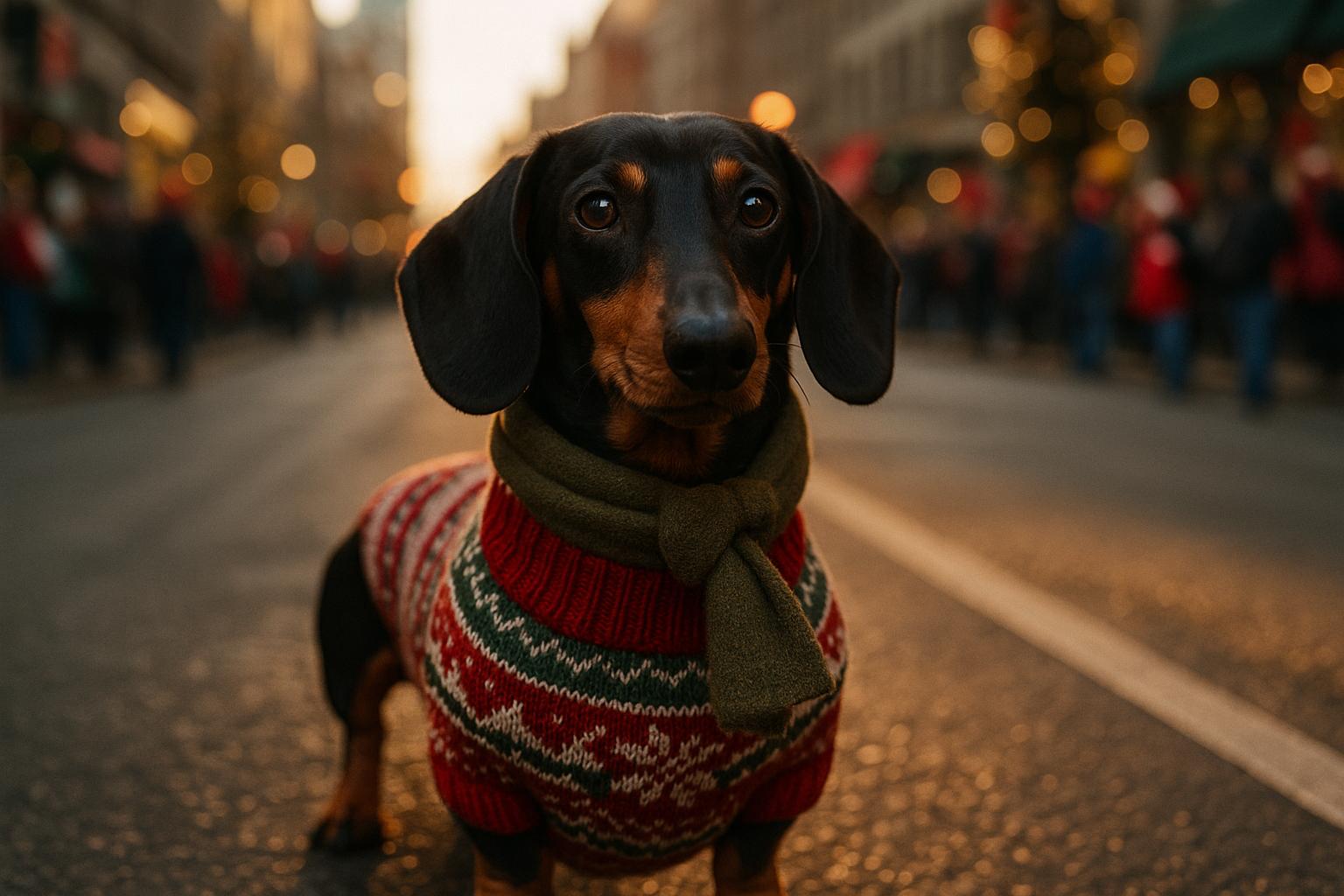 Dachshund in a festive sweater at a city holiday parade