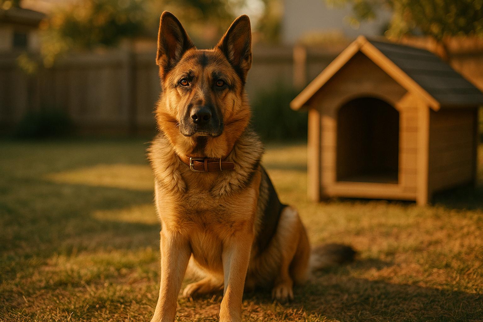 Kylo the German Shepherd sitting in a suburban backyard near a small kennel at golden hour