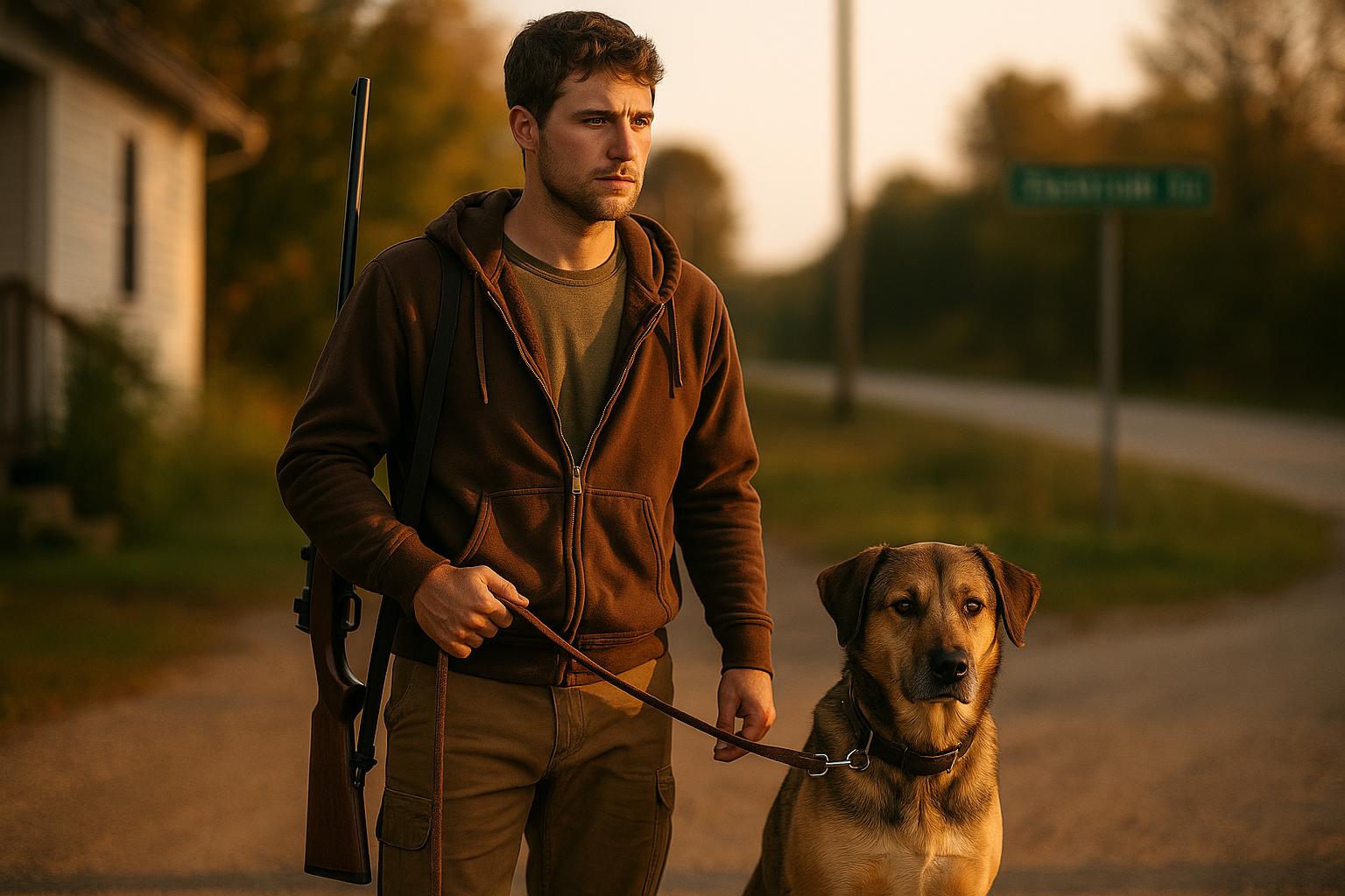 Dog handler holding a leashed dog in one hand and a rifle in the other on a rural driveway during golden hour